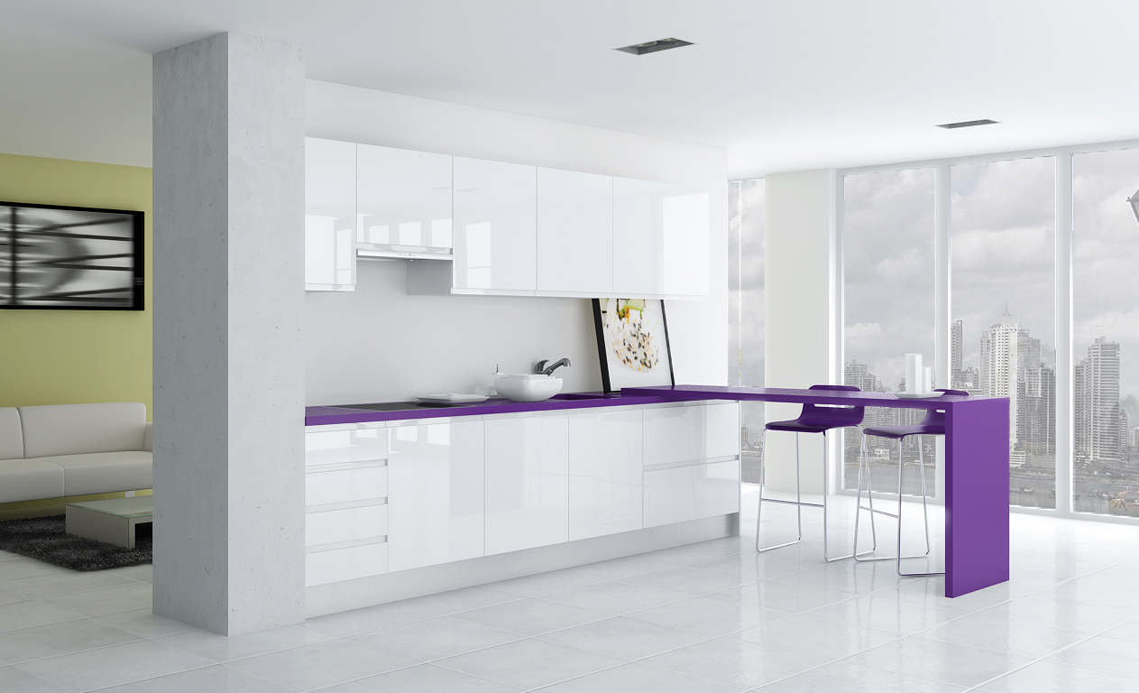 Cocina blanca y morada