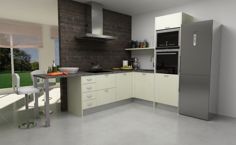 Cocina en L con puerta Tahon laminado Pino blanco 8751 de Cocinas.com.